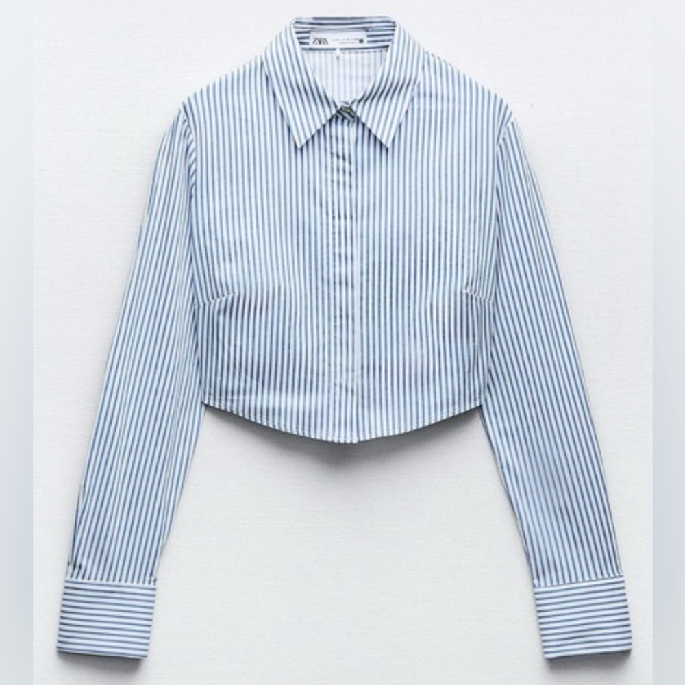 Zara Size Medium M Cropped Long Sleeve Nautical Fitted Button Up Shirt